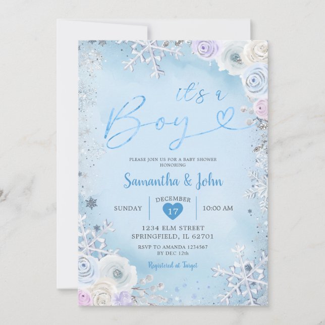 Blue Winter Floral Snowflake Boy Baby Shower Invitation (Front)