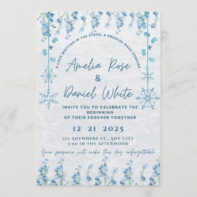 Blue Winter Floral Wedding Invitation  (Front)