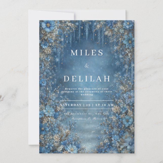 Blue Winter Floral Wedding Invitation (Front)