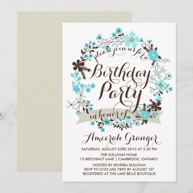 Blue Winter Floral Wreath Birthday Invitation (Front/Back)