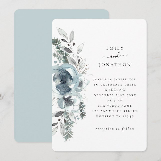 Blue Winter Florals Wedding Invitation (Front/Back)