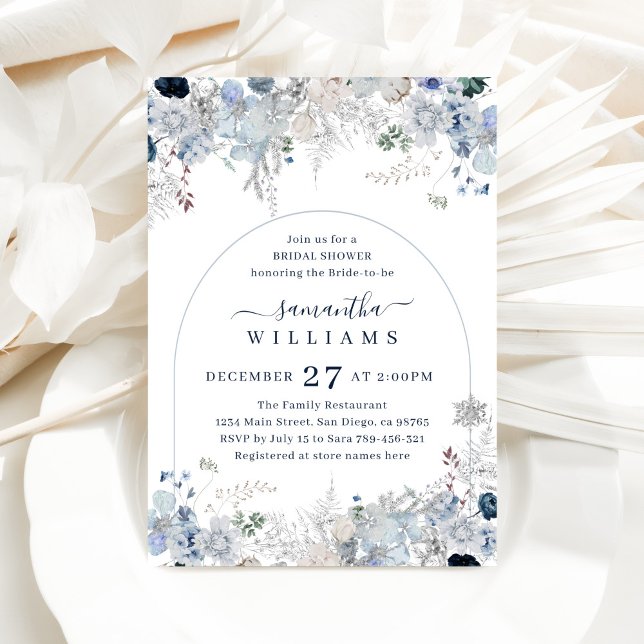 Blue Winter Flower Watercolor Arch Bridal Shower Invitation (Creator Uploaded)