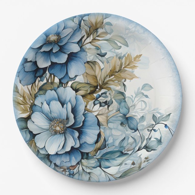 Blue Winter Flowers Paper Plate (Front)