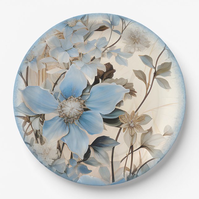 Blue Winter Flowers Paper Plate (Front)