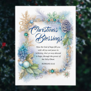Blue Winter Foliage Frame Bible Verse Christian Holiday Postcard
