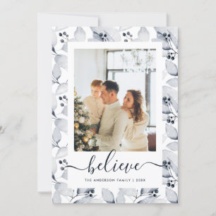 Blue Winter Foliage Photo Believe Christmas Card