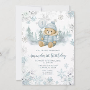 Blue Winter Forest Bear Balloon First Birthday Invitation