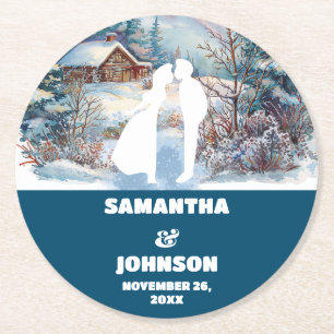 Blue Winter Forest Landscape Wedding Round Paper Coaster