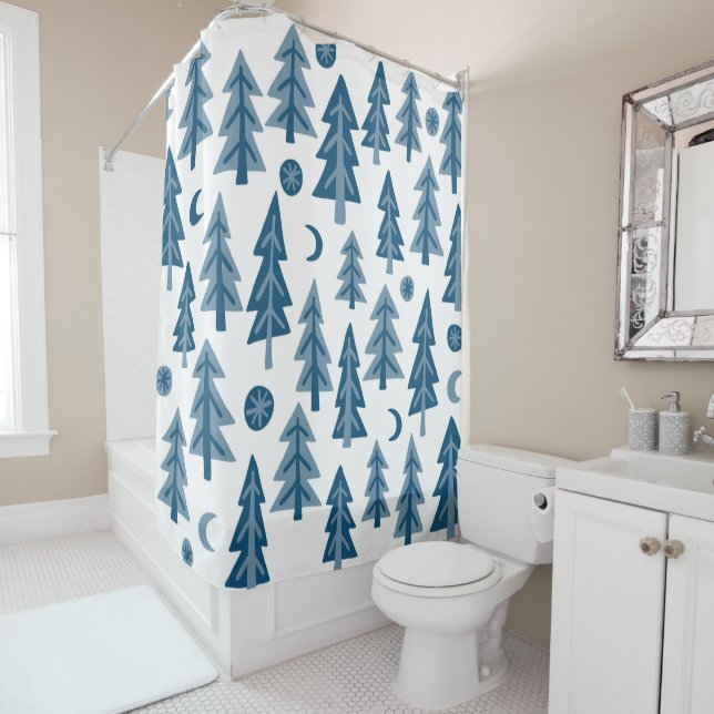 Blue Winter Forest Moon Stars Shower Curtain (In Situ)