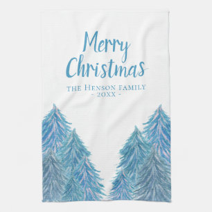 Blue Winter Forest Tree Watercolor Christmas Kitch Tea Towel