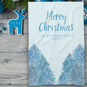 Blue Winter Forest Tree Watercolor Christmas Tea Towel