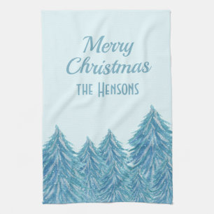 Blue Winter Forest Tree Watercolor Christmas Tea Towel