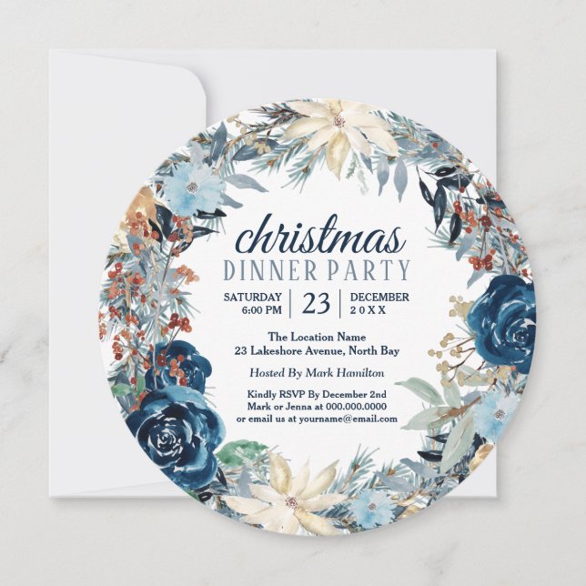 Blue Winter Frost Holiday Wreath Party Invitation (Front)