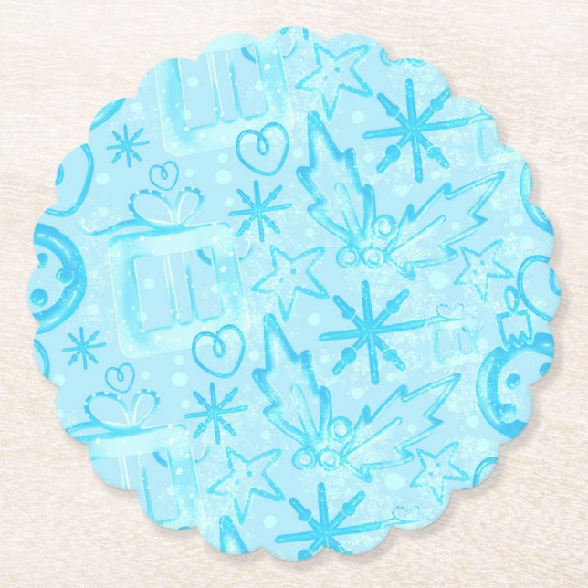 Blue Winter Gift & Holly, Christmas Party Set Paper Coaster (Front)