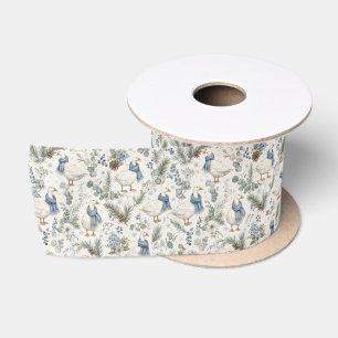 Blue Winter Goose Watercolor Christmas Holiday Satin Ribbon
