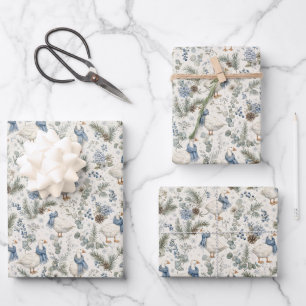 Blue Winter Goose Watercolor Christmas Holiday Wrapping Paper Sheet