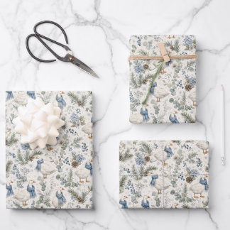 Blue Winter Goose Watercolor Christmas Holiday Wrapping Paper Sheet