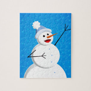 Blue Winter Happy Snowman Jigsaw Puzzle