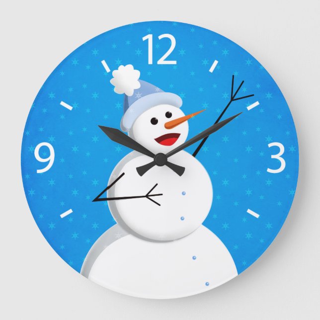 Blue Winter Happy Snowman Large Clock (Front)