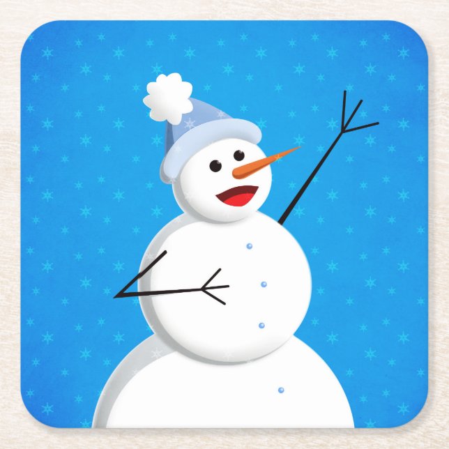 Blue Winter Happy Snowman Square Paper Coaster (Front)