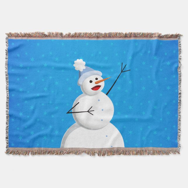 Blue Winter Happy Snowman Throw Blanket (Front)
