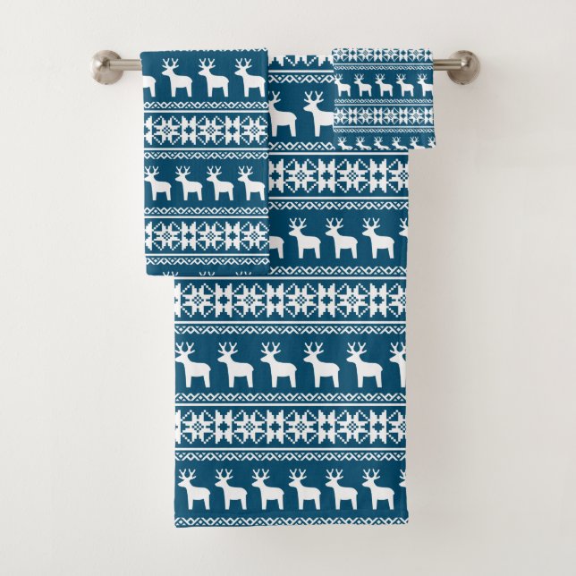 Blue Winter Holiday Snowflake Reindeer Pattern Bath Towel Set (Insitu)