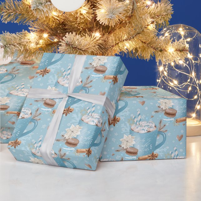 Blue Winter Hot Cocoa & Macaron Pattern Wrapping Paper (Holidays)