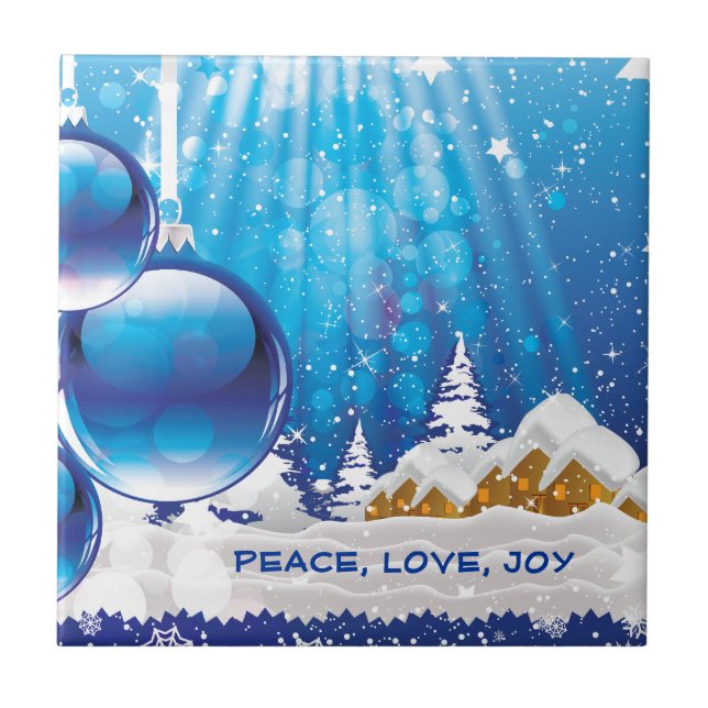 Blue winter landscape and Christmas balls custom Tile (Front)