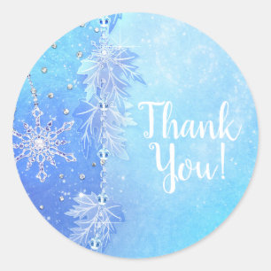 Blue Winter Leaves & Snowflakes Elegant Favour Classic Round Sticker