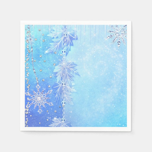 Blue Winter Leaves & Snowflakes Elegant Party Napkin (Front)