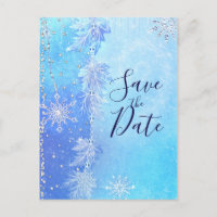 Blue Winter Leaves & Snowflakes Save the Date