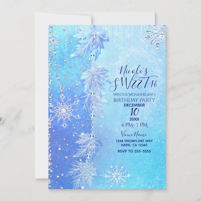 Blue Winter Leaves & Snowflakes Sweet 16 Party Invitation (Front)