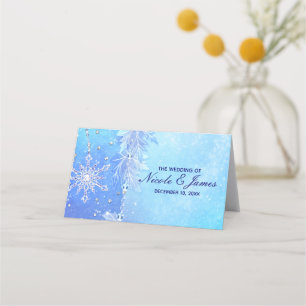 Blue Winter Leaves & Snowflakes Wedding Table Seat Place Card