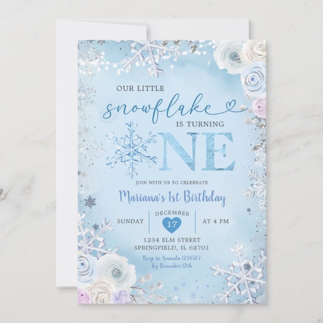 Blue Winter Little Snowflake is Turning One Invitation (Front)