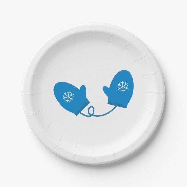 Blue Winter Mittens Paper Plates (Front)