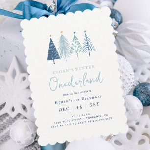 Blue Winter Onderland Boy 1st Birthday Invitation