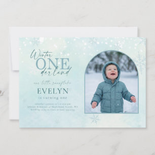 Blue Winter ONEderland Arch Photo First Birthday Invitation