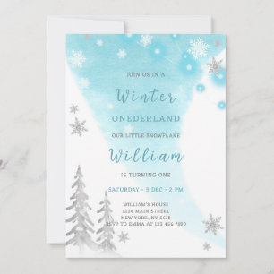 Blue Winter Onederland Birthday Invitation