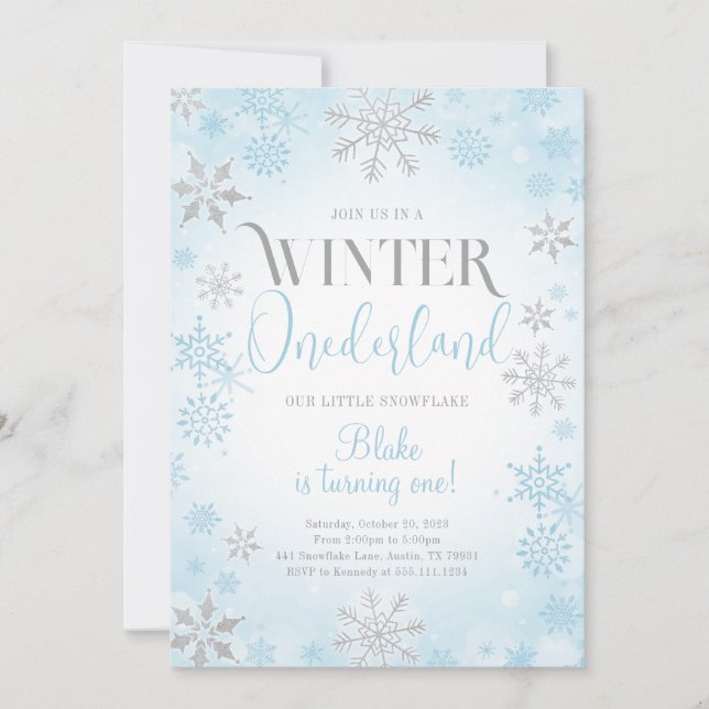 Blue Winter Onederland Birthday Party Invitation (Front)