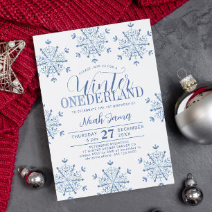 Blue Winter Onederland boy 1st birthday party Invitation