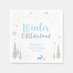 Blue Winter Onederland Boy 1st Birthday Party Napkin