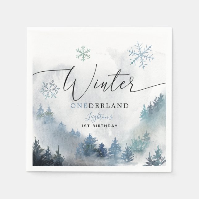 Blue Winter ONEderland Boy's Birthday Party Napkin (Front)
