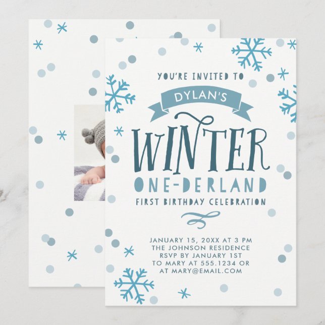 Blue Winter Onederland First Birthday Party Invitation (Front/Back)