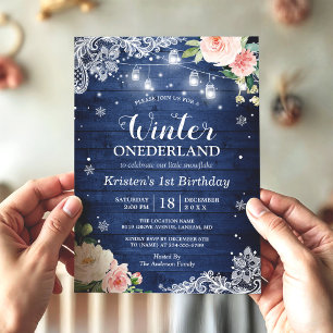 Blue Winter Onederland Floral Baby First Birthday Invitation
