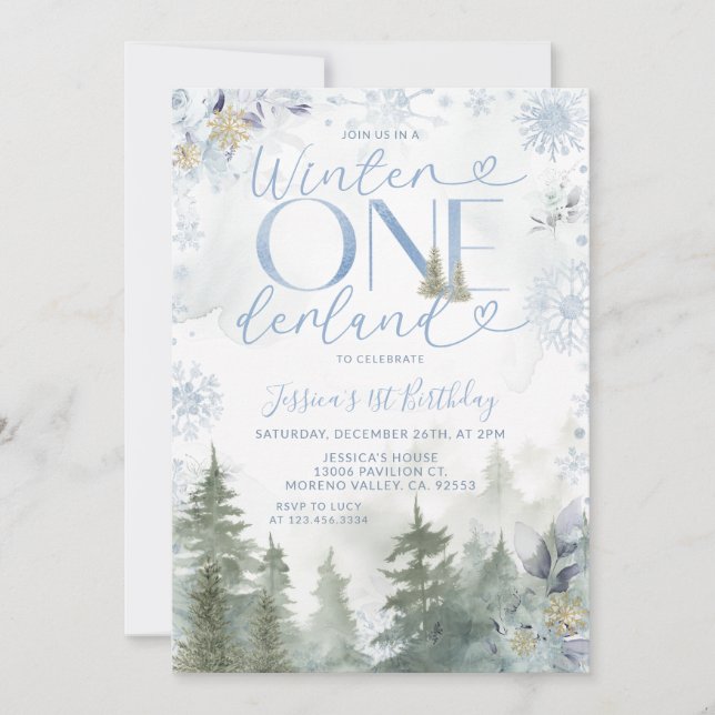 Blue Winter Onederland Forest Snowfall Birthday Invitation (Front)