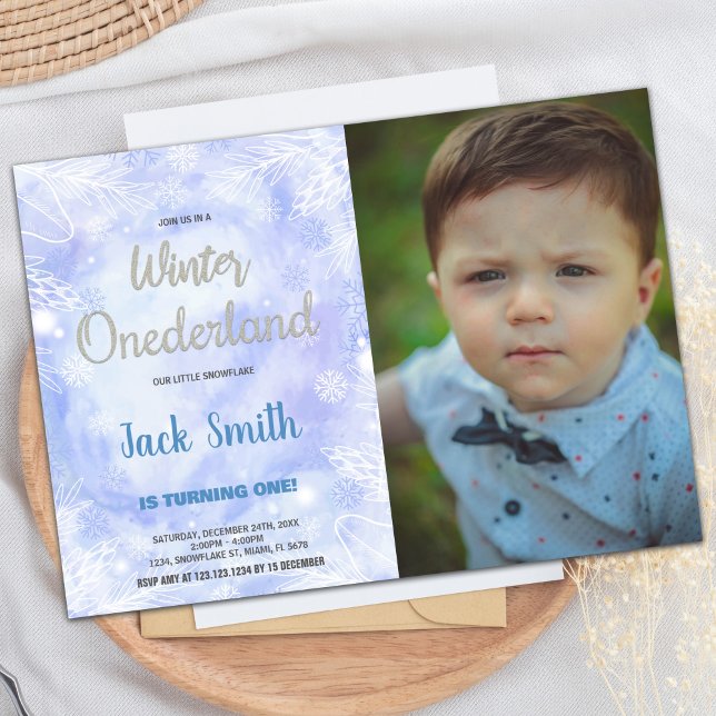 Blue Winter ONEderland Invitations Silver Photo (Blue Winter ONEderland Invitations Silver Photo)