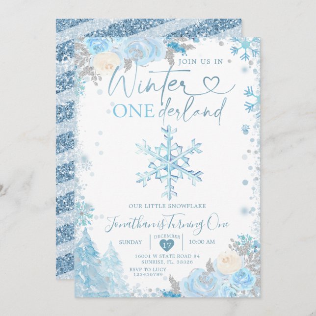 Blue Winter Onederland Snowflake 1st Birthday Invi Invitation (Front/Back)