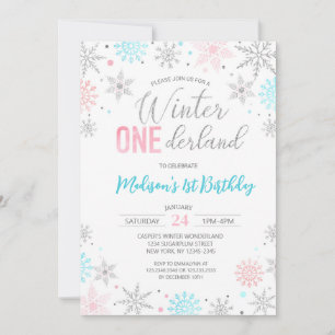 Blue Winter Onederland Snowflakes First Birthday Invitation