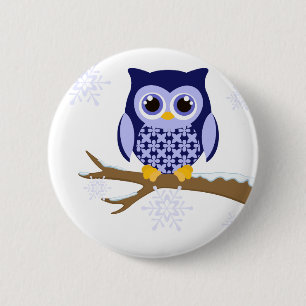 Blue winter owl 6 cm round badge
