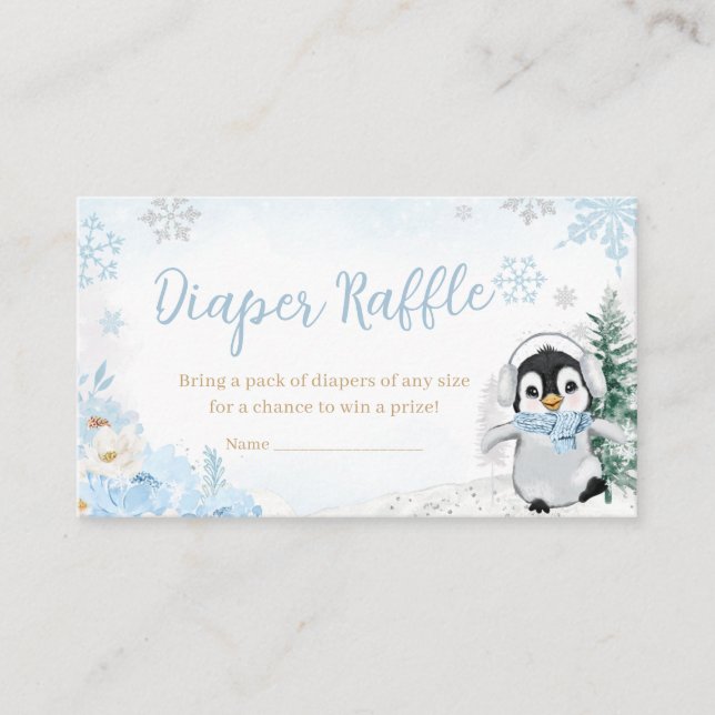 Blue Winter Penguin Baby Shower Diaper Raffle Enclosure Card (Front)